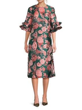 Bronwyn Jacquard Ruffle Crew Neckline 3/4 Sleeve Shift Midi Dress